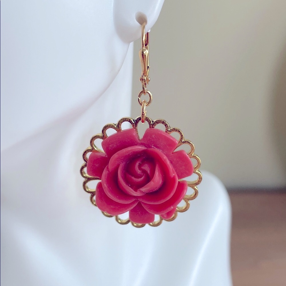 HAND CRAFTED PINK ROSE EARRINGS Acrylic Floral Components Pink Gold